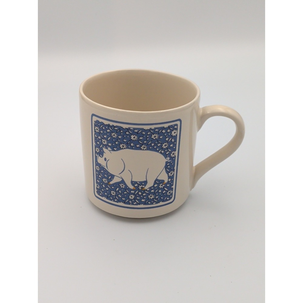 Vintage Calico Floral Pig Coffee Mug, Cream & Blue Farmhouse Country Cottagecore